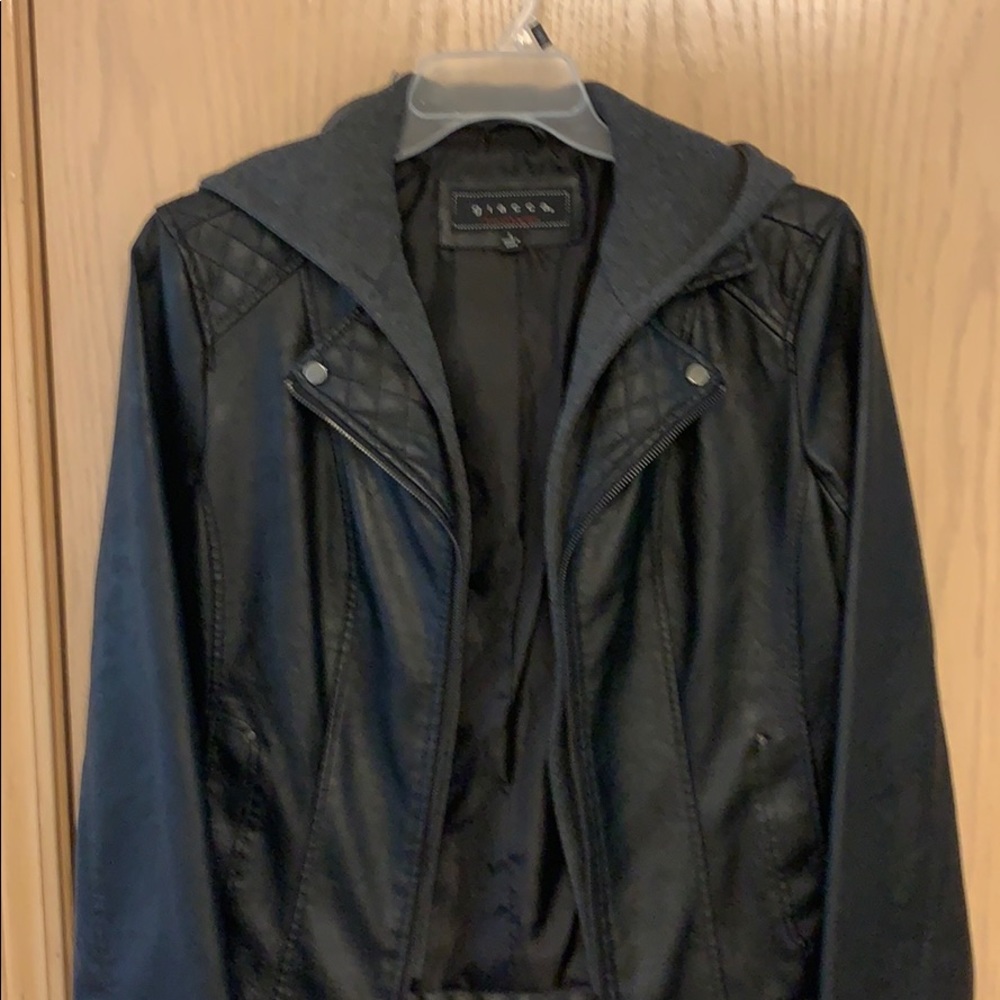 Black leather jacket with hoodie